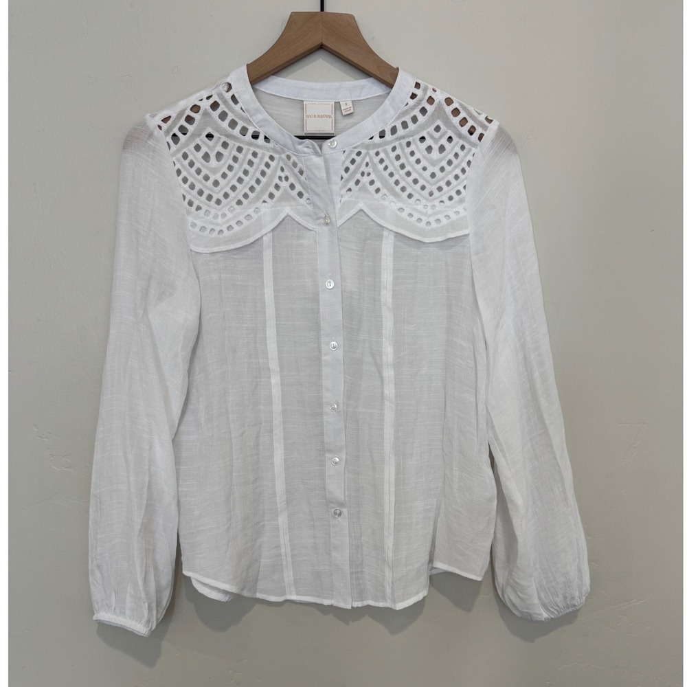 NWT Zac‎ & Rachel White Eyelet Lace Embroidered Button Down Blouse Top Cottage S